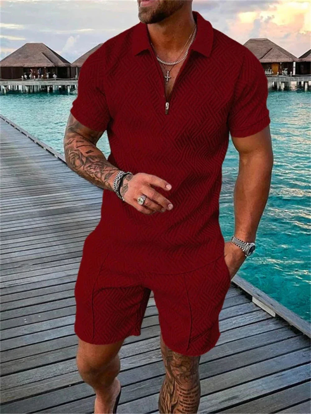 Hehope 2024 New Summer Men's Shorts Set Short Sleeve Zip Polo Shirt Street T-shirt Two Piece Casual Sportswear