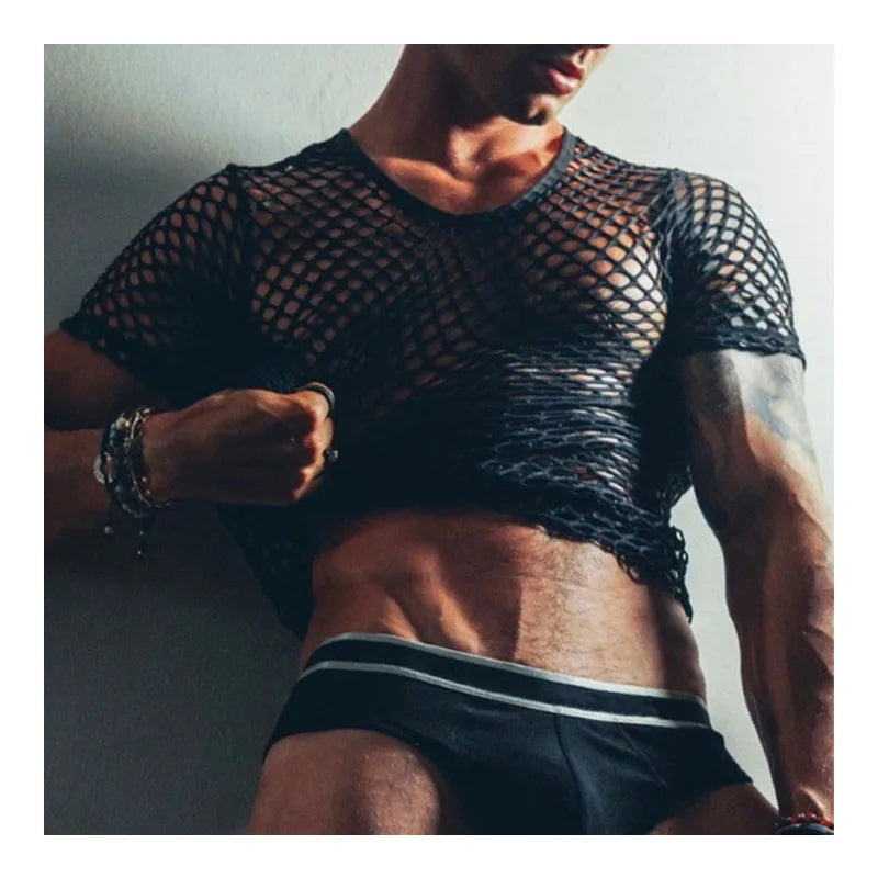 Hehope Oversized Men's Tight Sexy Fishnet T-shirt See-through Net Shirt Round Neck T-shirt Clearance Stock Summer Beach Men's Smock Top