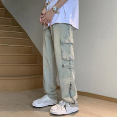 Hehope Spring Autumn Retro Cargo Jeans Men American Style Mid Rise Multi Pocket Denim 2024 Trousers Fashion Punk Streetwear