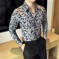 Hehope Mens Printed Shirt Autumn New Long Sleeved Elastic Slim Fit Camisas Club/Prom Tuxedo Dress Shirt Tops Casual Men Clothing