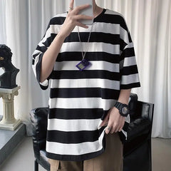 Hehope Printing Round Neck Spring Summer T-Shirts Simplicity Striped Handsome Short Sleeve Pullovers Loose Streetwear Men's Clothing