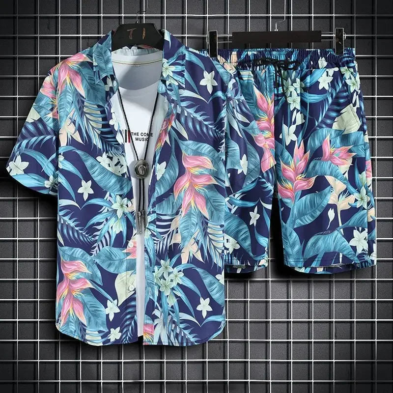 Hehope Summer New Men Beach Clothes 2 Piece Set Quick Dry Hawaiian Shirt Shorts Set Men Fashion Clothing Printing Casual Male Outfits