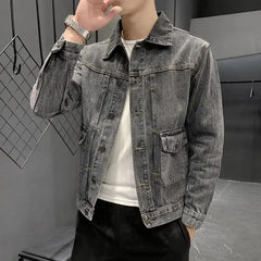 Hehope Male Jean Coats Gray Button Men's Denim Jacket Slim Fit Clothing Original Size L Korean Popular Clothes Winter Outerwear Trendy