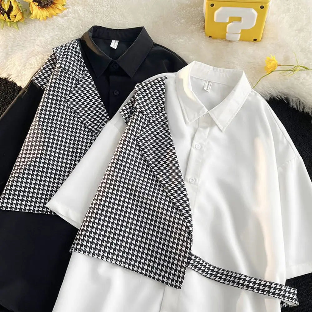 Hehope Summer Blouse Mens Short Sleeve Lapel Chain Patchwpork Contrast Color Loose Shirts Fashion Casual Irregular Fake Two-Piece Shirt