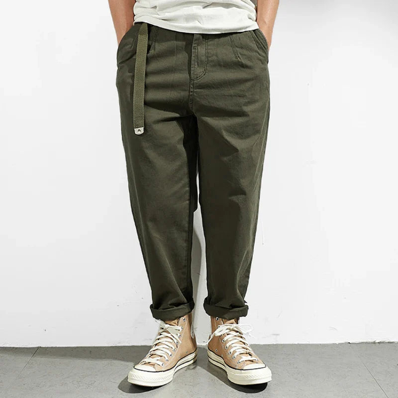 Hehope Japanese Casual Pants with Retro Loose Feet, Men's Fashionable Clothes Washed with Old Khaki Elastic Woven Nine-point Tapered Pa