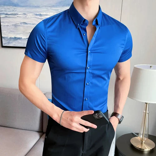 Hehope Short-sleeved White Shirt Men Summer High Quality Solid Color British Elastic Slim Fit Fashion Casual Men Clothing Top Shirt