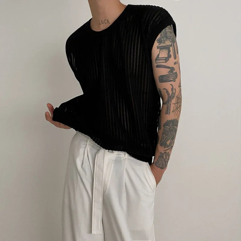 Hehope Y2K Style Hollow Out Knitted Tank Tops Men Summer New Fashion Streetwear O Neck Sleeveless Knit Vest Leisure Mens Knit Camisoles