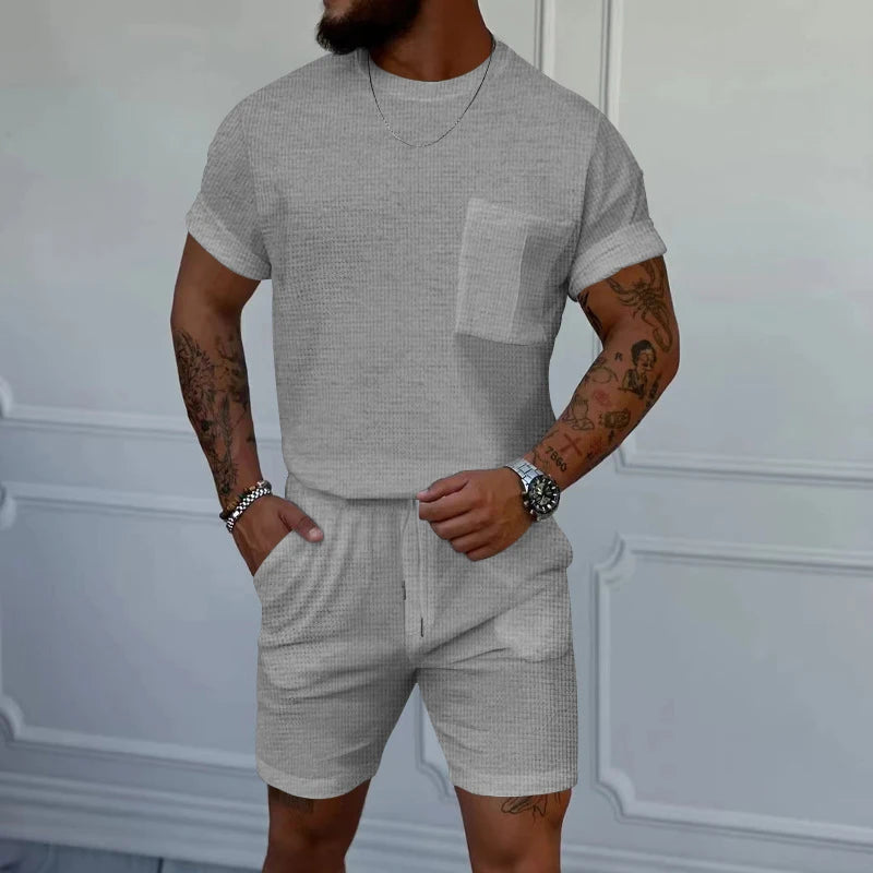 Hehope Streetwear Mens Two Piece Sets Summer Breathable Waffle Loose Outfit Men Casual Short Sleeve Pocket T Shirt & Shorts Suits Male