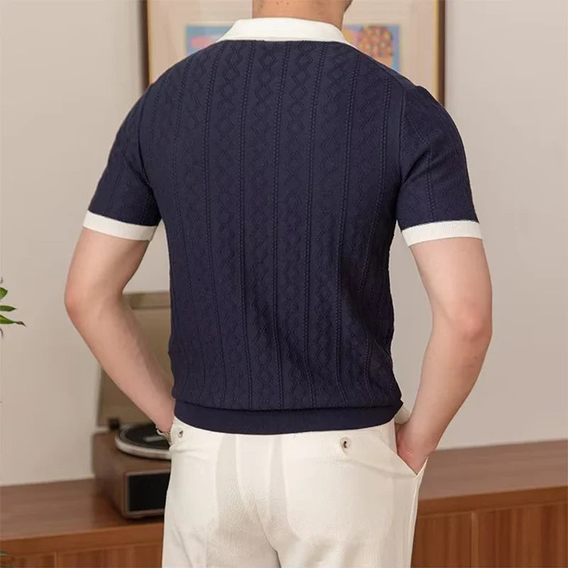 Hehope Summer Fashion Men Short Sleeve Slim Polo Shirt Vintage Patchwork Knitted Polos Men Clothing Male Casual V-Neck Lapel Pullover