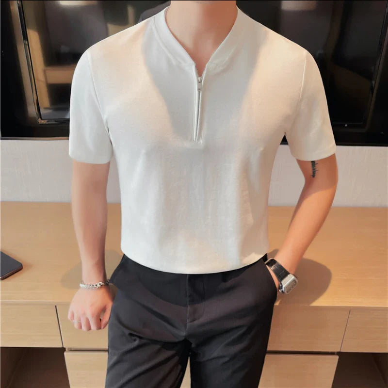 Hehope Korean Zippered Polo Shirt for Men Short Sleeve Casual T-shirts Fashion Business Collarless T-shirt Social Office Tee Tops M-4XL