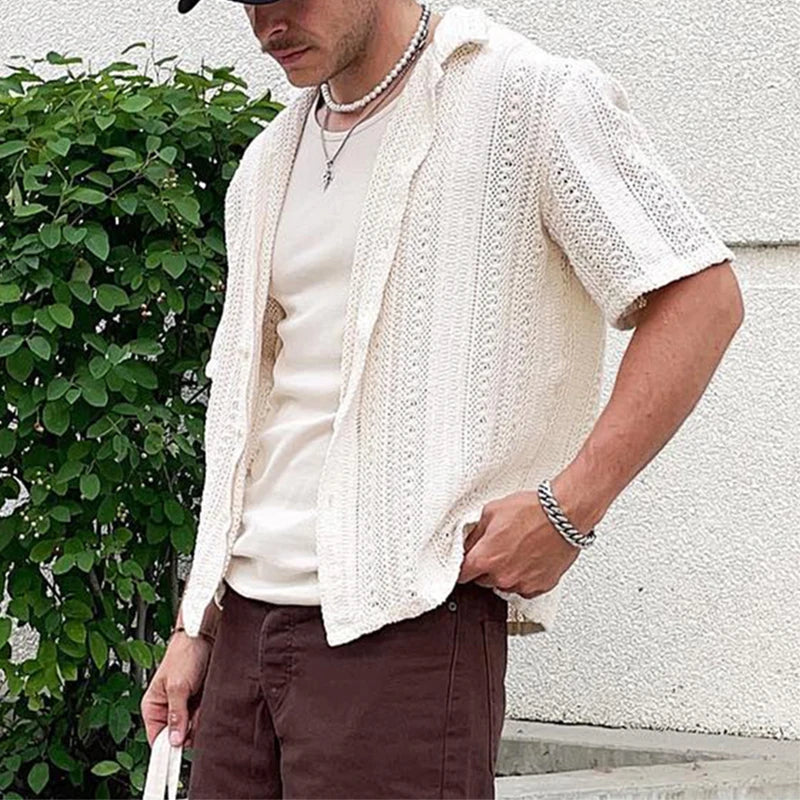 Hehope Vintage Embroidery Knitting Mens Shirts Summer Beach Fashion Loose Short Sleeve Knit Tops For Men New Casual Knitted Cardigans