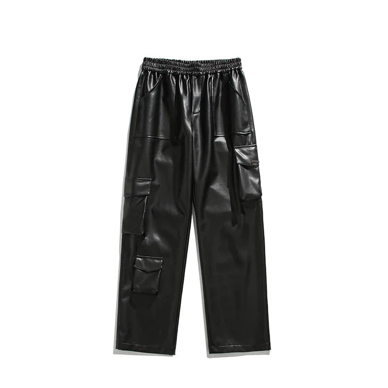 Hehope Black Leather Pants Men Oversized Retro Pocket Cargo Pants Men Streetwear Hip-hop Loose Wide Leg Pants Mens Motorcycle Trousers