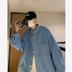 Hehope Autumn ins high street cowboy shirt men's design inside couple simple long sleeve outside Lapel shirt Denim camisa jeans