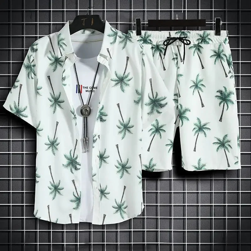 Hehope Summer New Men Beach Clothes 2 Piece Set Quick Dry Hawaiian Shirt Shorts Set Men Fashion Clothing Printing Casual Male Outfits