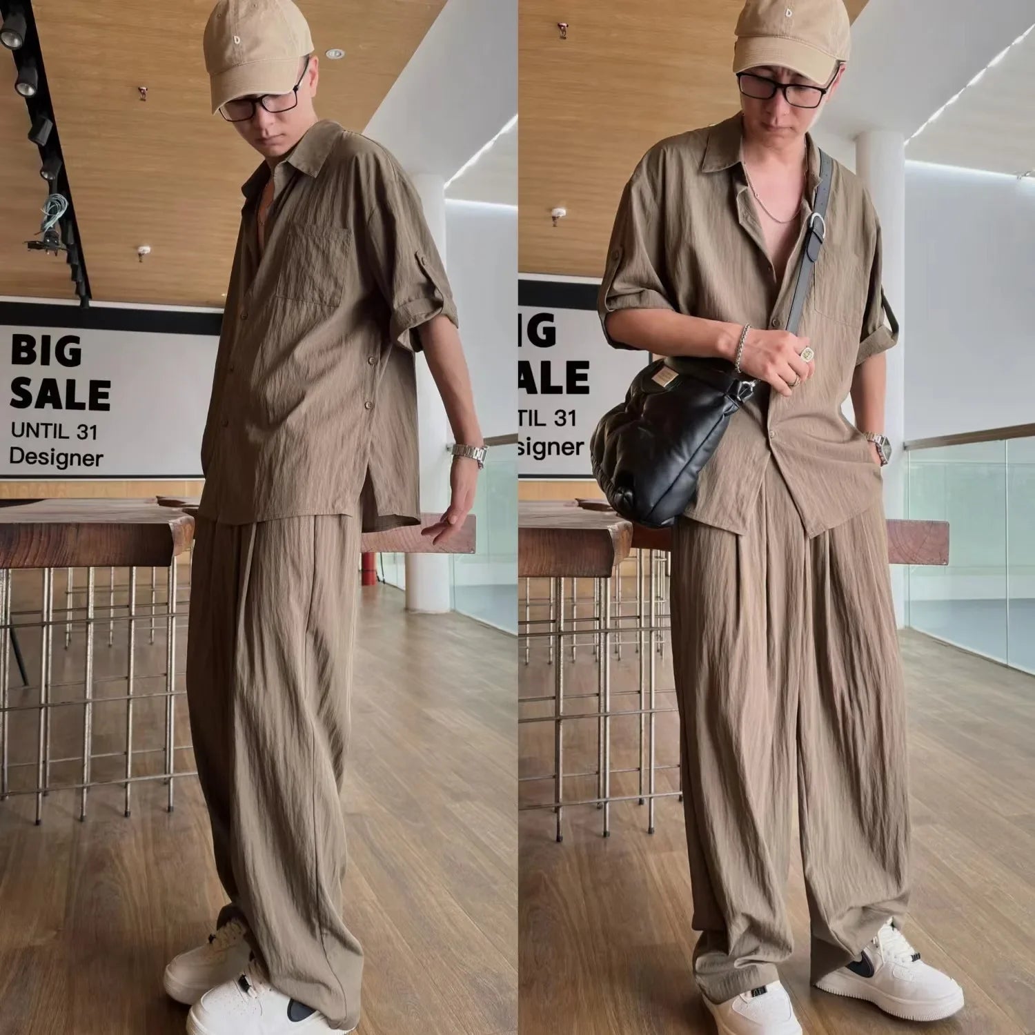 Hehope Summer Light Thin Casual Suits Trendy Men's Korean Edition Design Handsome Solid Loose Short Sleeves Shirt + Pants Two Piece Set