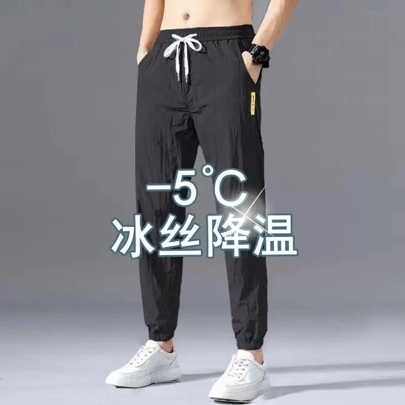 Hehope Spring Summer Men Cotton Hemp Ice Silk Pants Streetwear Fashion Male Basic Elastic Waist Loose Sports Straight Casual Trousers