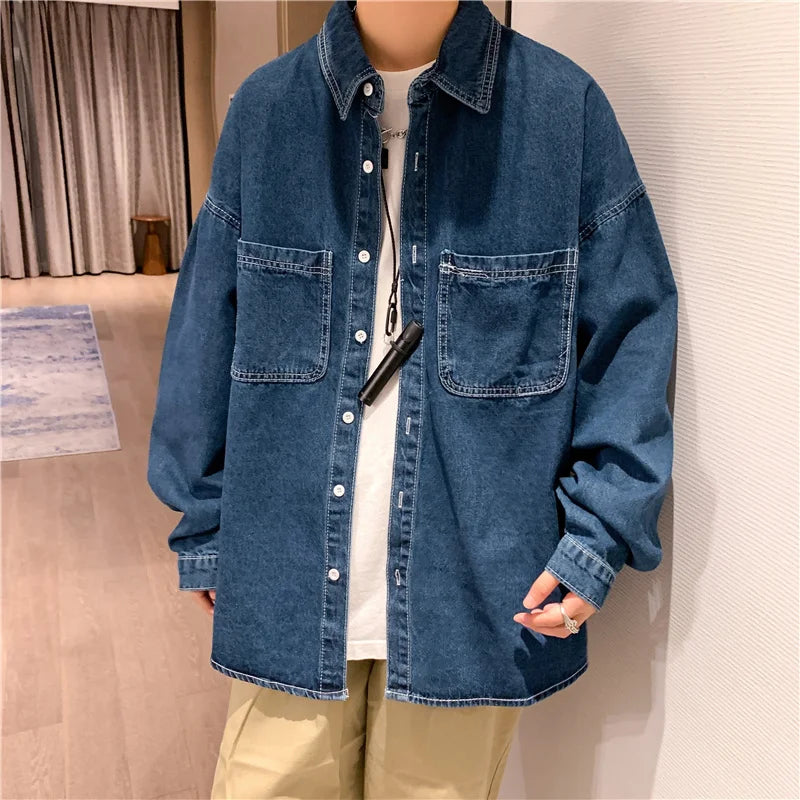 Hehope Autumn ins high street cowboy shirt men's design inside couple simple long sleeve outside Lapel shirt Denim camisa jeans