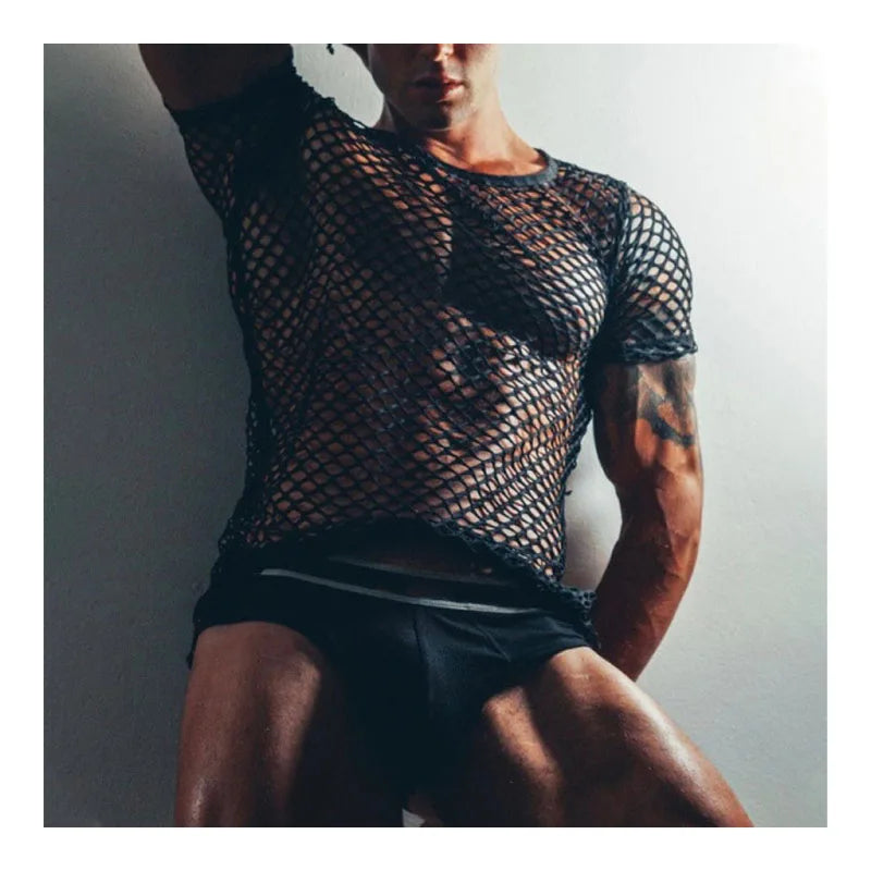 Hehope Oversized Men's Tight Sexy Fishnet T-shirt See-through Net Shirt Round Neck T-shirt Clearance Stock Summer Beach Men's Smock Top