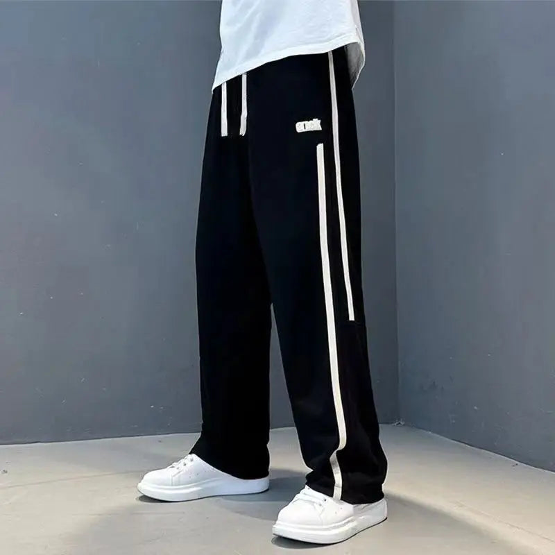 Hehope Loose Versatile Straight Sports Pants Men's Solid Patchwork Stripes Elastic Waist Drawstring Autumn New Trend Wide Leg Trousers