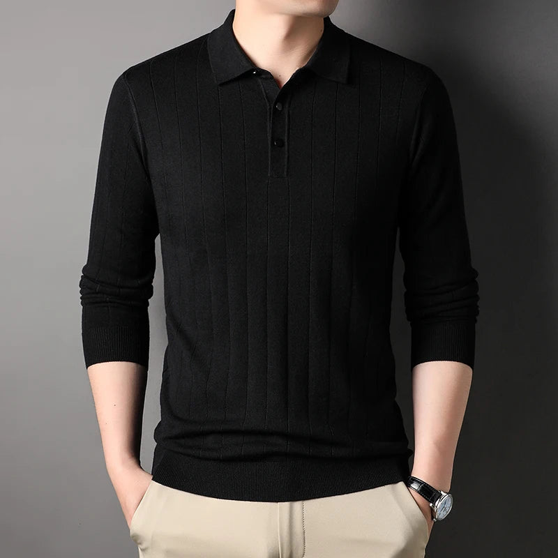 Hehope New  Knitted Sweater Men's Business Fashion Wool Blends Knitted Pullover  Lapel Polo Shirt | Classic Solid Color Pullover