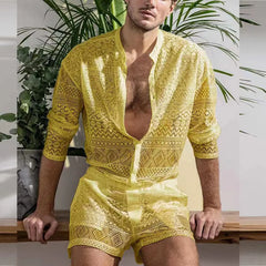 Hehope New Summer Men Two Piece Suits Sexy See Through Lace Outfits Beach Fashion Plain Pattern Print Long Sleeved Tops And Shorts Set