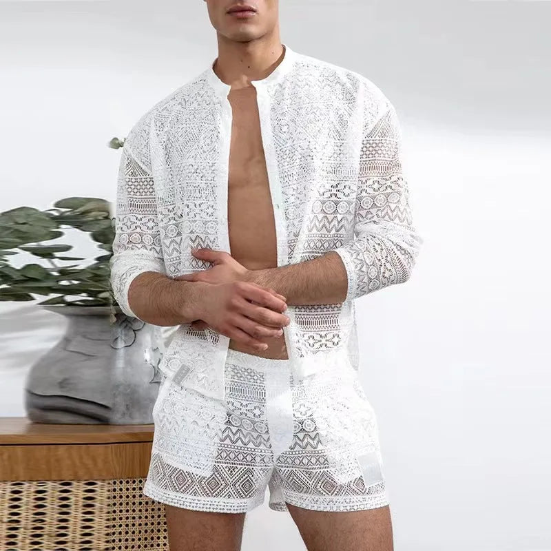 Hehope New Summer Men Two Piece Suits Sexy See Through Lace Outfits Beach Fashion Plain Pattern Print Long Sleeved Tops And Shorts Set