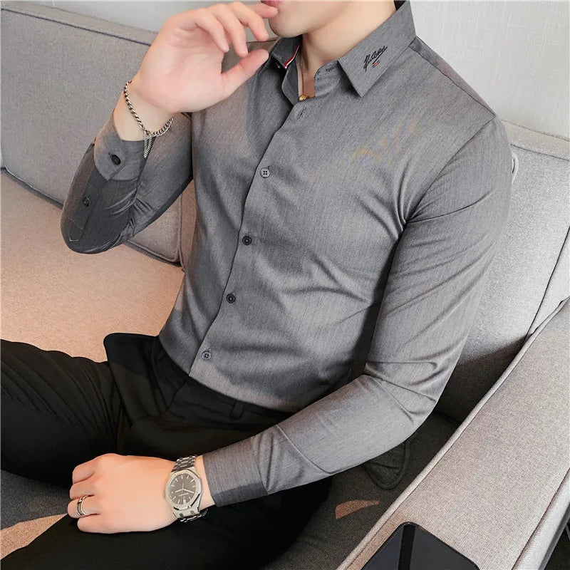 Hehope British Style Men Long Sleeved Shirt 2024 Autumn Anti-wrinkle Soft Solid Casual Elastic Slim Fit Camisas Y Blusas Men Clothing