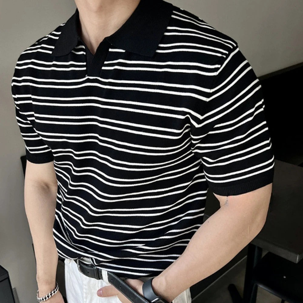 Hehope Men's Clothing Short Sleeve V Neck T-shirt Men Korean Popular Striped Short Sleeve Tees Leisure Knitwear Luxury Knit Polo Shirt