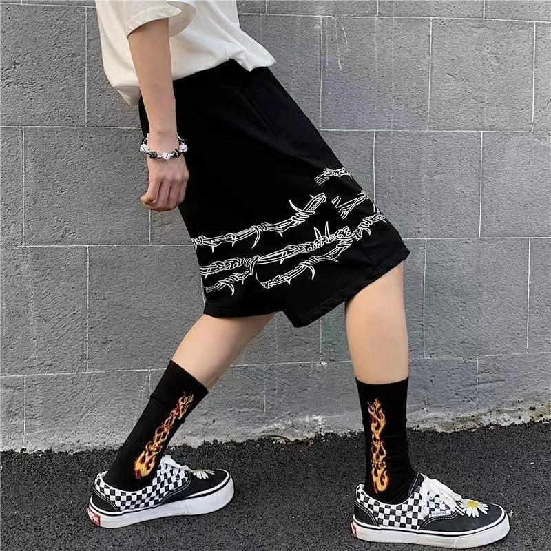 Hehope Summer trend ins dark high street hip-hop print personality casual shorts men's elastic waist tie quick-drying pants