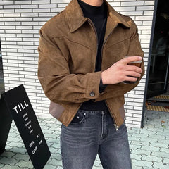 Hehope Men Bomber Jackets Turn-down Collar 2024 Spring Retro Patchwork Zipper Pocket Short Coats Overcoat Streetwear Male Solid Jacket