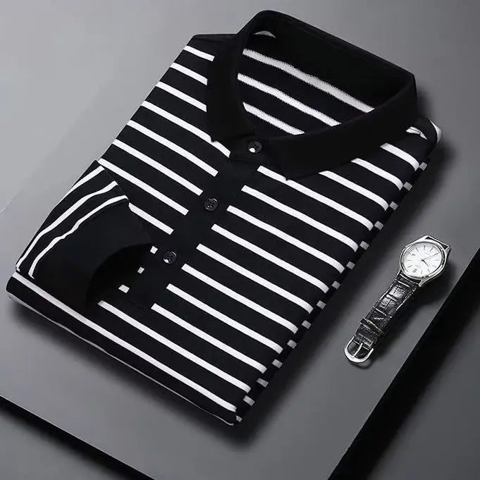 Hehope Fashion Men New Striped Polo Shirts Spring Autumn Long Sleeve Lapel Cotton Tee Shirt Male Clothes Casual Business T-Shirt