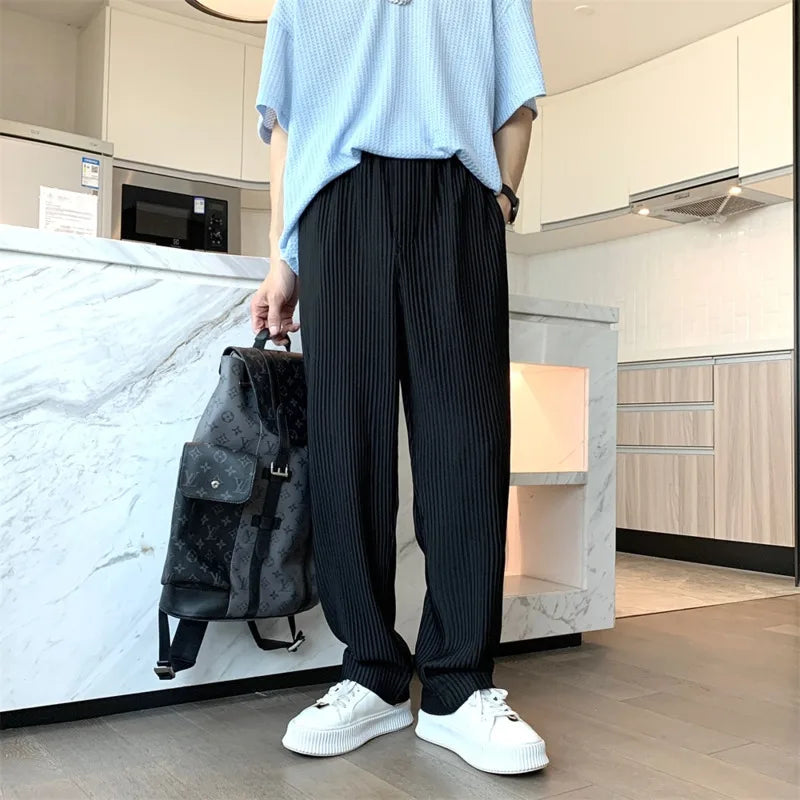 Hehope Summer Pleated Pants Men Fashion Oversized Ice Silk Pants Men Japanese Streetwear Loose Straight Pants Mens Casual Trousers