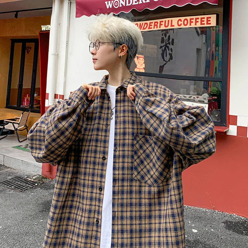 Hehope Harajuku Long Sleeve Plaid Shirts Men Autumn Loose High Street All-match Shirt Gentleman Camisa Check Tops Stylish 5XL-M