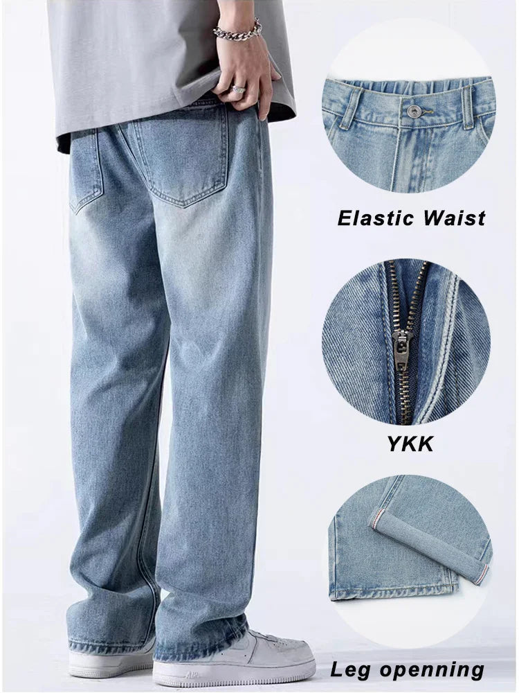 Hehope New Summer Men's Jeans Straight Denim Pants Banding Waist Cotton Streetwear Wide Leg Loose Casual Blue Long Jeans Trousers