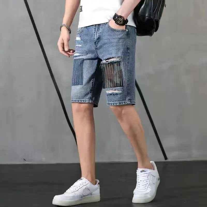 Hehope Gray Ripped Male Denim Shorts Korean Fashion Fitted Summer Y2k with Free Shipping Baggy Distressed Jorts Men's Short Jeans Pants