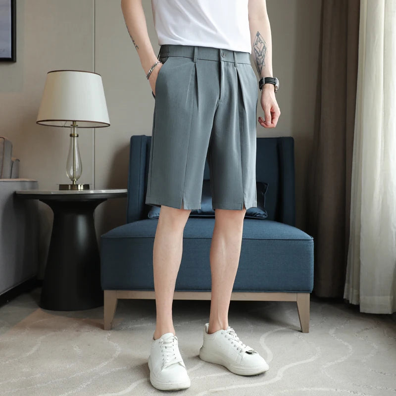 Hehope Summer Men's Shorts Straight Fit Knee-Length Short Suit Pant Solid Black White Clothing Student Thin Colors Casual Shorts 36