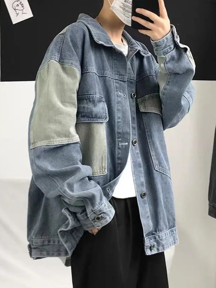 Hehope Patchwork Denim Jacket Men Korean Version Trend Versatile Loose Handsome Workwear Casual Autumn Tide Coat Men Clothing Outwear