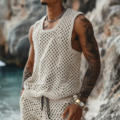 Hehope Male Hollow Out Beach Tracksuit 2024 Summer Casual Men Clothing Knitted Two Piece Set Short Sleeve O Neck Shirt And Shorts Suit