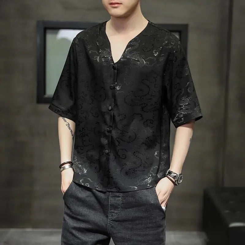 Hehope 2024 New Summer Chinese Style Dark Flower Ultra-thin Ice Silk Short Sleeved Shirt China-Chic Oversize Loose Casual Men's T-shirt