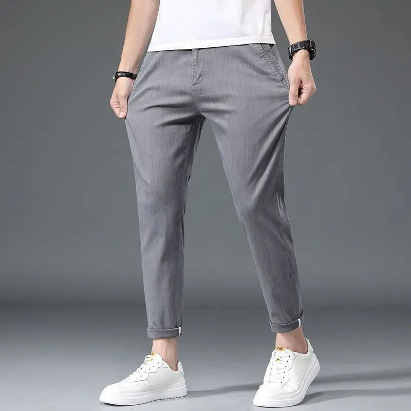 Hehope Summer New Fashion Casual Ice Silk Simple Versatile Straight Pants Men Solid Button Zipper Pockets Slim Loose Casual Trouser