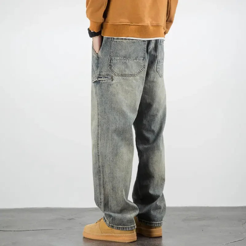 Hehope American Casual Men Yellow Mud Dyed Jeans Spring Autumn Vintage Oversize Pants Streetwear Fashion Baggy Straight Wide Trousers