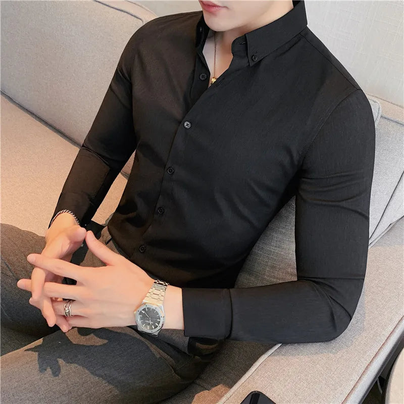 Hehope British Style Men Long Sleeved Shirt 2024 Autumn Anti-wrinkle Soft Solid Casual Elastic Slim Fit Camisas Y Blusas Men Clothing