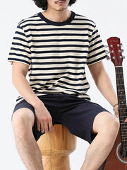 Hehope Thick Heavy T-Shirt Men Summer New Casual Cotton Round Neck Sea Soul Shirt Vintage Striped Short-Sleeved Tshir