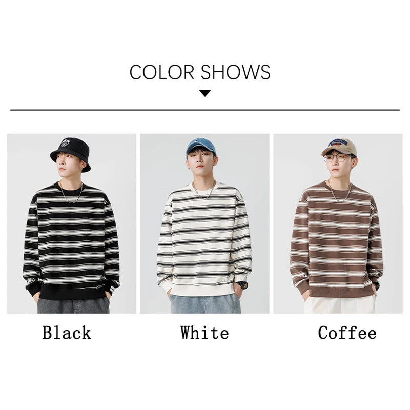 Hehope Brand Black White Striped Sweatshirt Male O Neck 2024 Autumn Winter New Sweatshirt Man Loose Classics Korean Streetwear