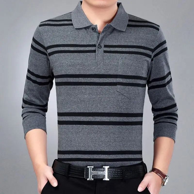 Hehope Fashion Men New Business Striped Polo Shirts Korean Spring Autumn Casual Long Sleeve Lapel Pockets Male Clothes Cotton Tops