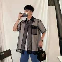 Hehope New Summer Half Sleeve Loose Mesh Sheer Shirt Men High Street Fashion Floral Mens Korean Designer Shirts for Men