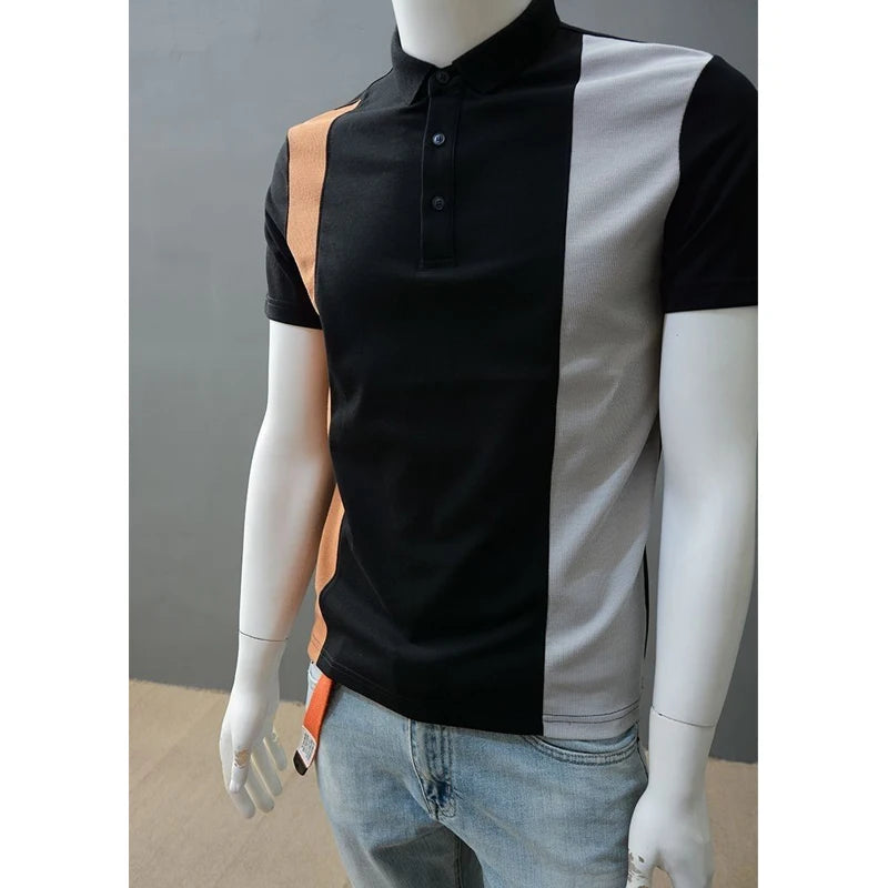 Hehope Men's High Quality Polo Collar Contrast Color Cotton T-shirts Summer Breathable Business Casual Short Sleeve Slim Tops Ropa