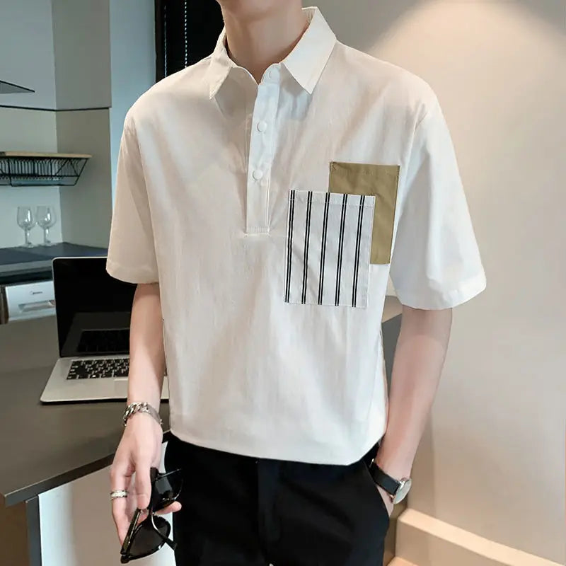 Hehope Young Style T-Shirt Street Loose Casual Fashion Pockets Solid Button Patchwork Simplicity Turn-down Collar Summer Men's Clothing