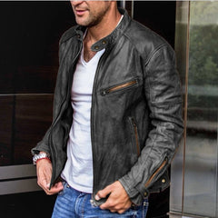 Hehope New Mens Leather Jacket Men Fashion Red Motorcycle PU Leather Jacket Stand Collar Zipper Pockets Leather Coats