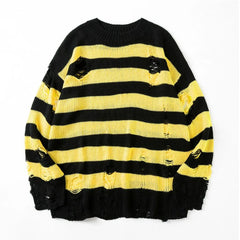 Hehope Autumn Winter Couple Stripe Sweaters Destroyed Ripped Sweater Men Pullover Hole Knitwear Women Oversized Fashion Harajuku Tops